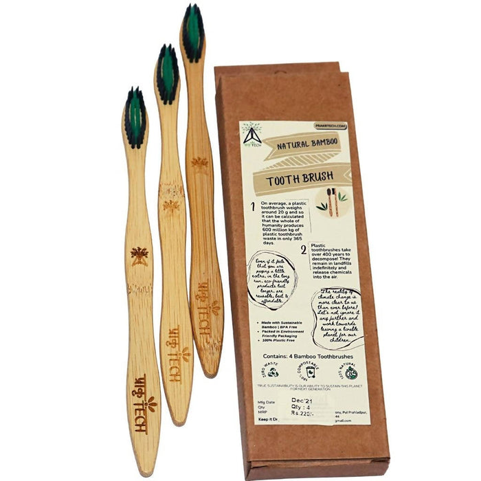 Natural Bamboo Toothbrush by Prakrtech with Soft Charcoal Bristles - Antibacterial And Biodegradable Bamboo Handle (Set of 3)