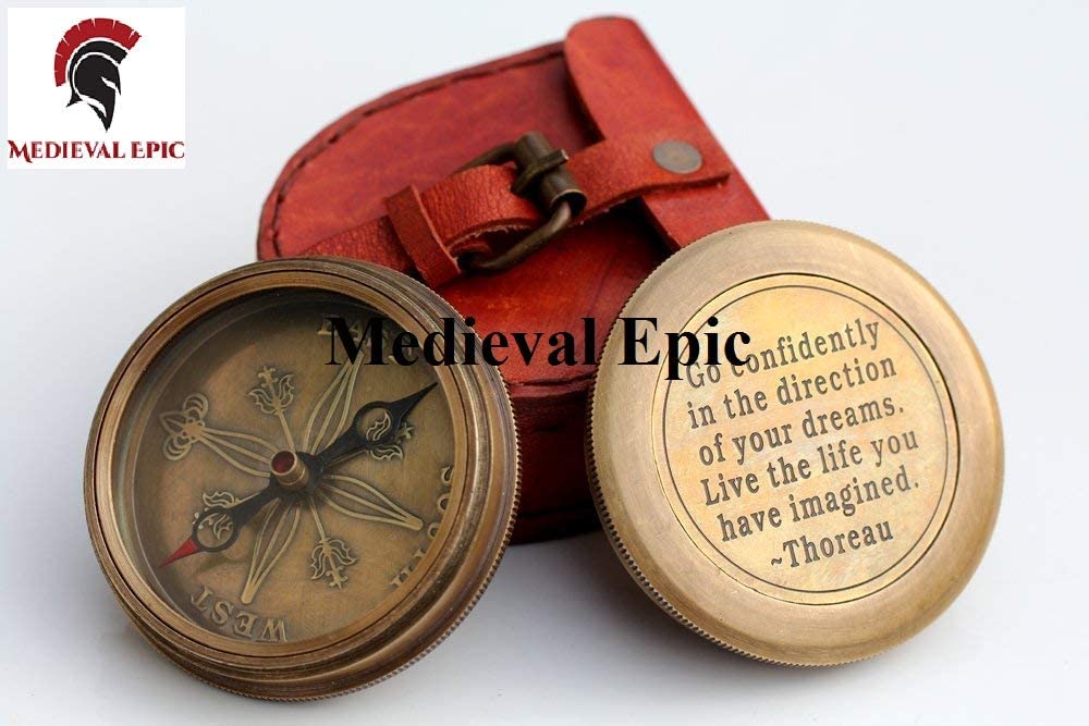 Brass Compass Thoreau's Go Confidently Quote Engraved Compass with Leather case Boating Compass, Graduation Day Gifts