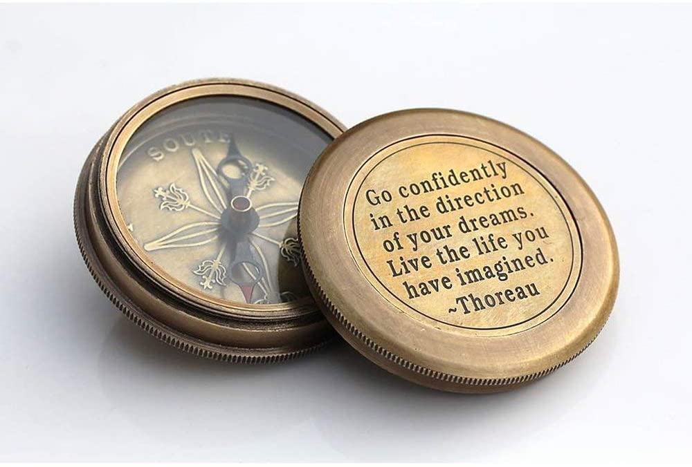 Brass Compass Thoreau's Go Confidently Quote Engraved Compass with Leather case Boating Compass, Graduation Day Gifts