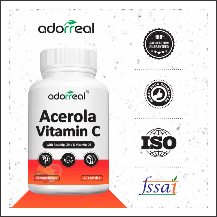 Adorreal Natural Vitamin C Complex Rosehip Extract with vitamin D3 and Acerola Cherry, Zinc | 60 Capsules |