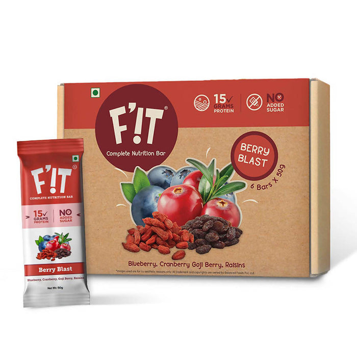 F'!T Nutrition - Whey Protein Bar | 15g protein | Berry Blast (Gojiberry, Blueberry, Cranberry, Raisins, Chia Seeds and Oats) | 6*50g
