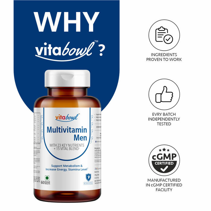 Vitabowl's Multivitamin Tablets for Men with 23 Key Nutrients and 15 Vital Blends - 60 Veg. Tablets - Local Option