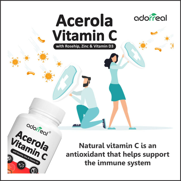 Adorreal Natural Vitamin C Complex Rosehip Extract with vitamin D3 and Acerola Cherry, Zinc | 60 Capsules |