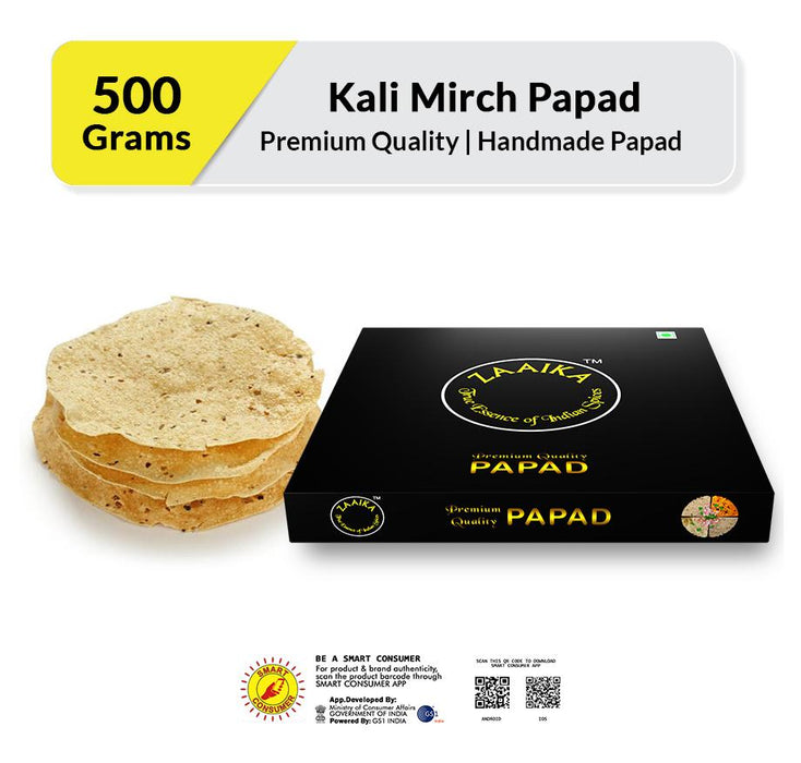 Zaaika Kalimirch Papad Made with Urud Daal Tasty Crispy Indian Snacks Papad - 500g Pack - Local Option