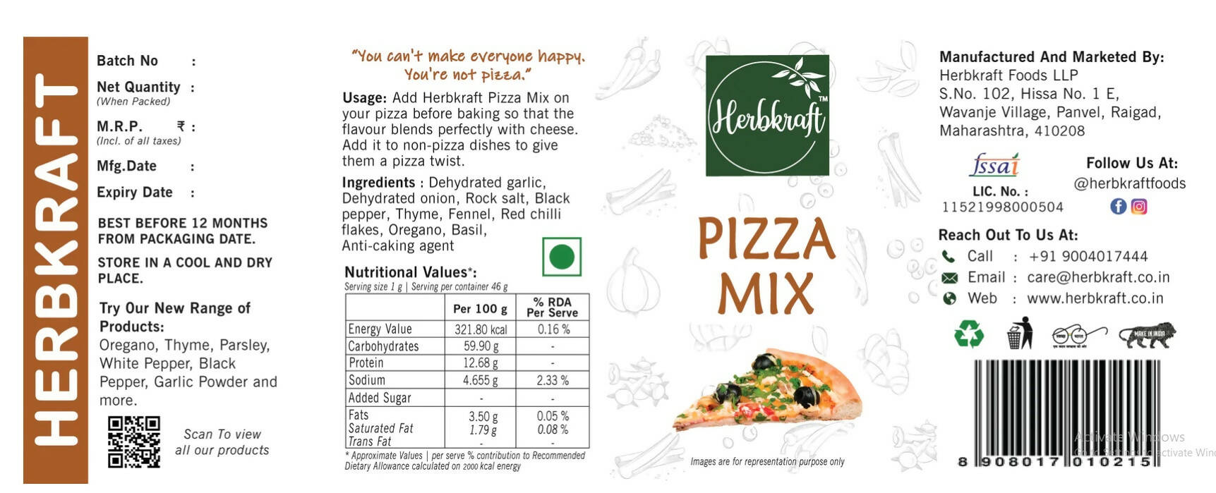 Herbkraft - Pizza Mix 46 GM Pack of 1 | Fresh & Natural Herbs & Seasonings | Dry Leaves | Grocery - Masala - Spices | Vegetable Stir Fry - Pizza - Pasta - Bread - Cheese | No Added Colour & Flavour