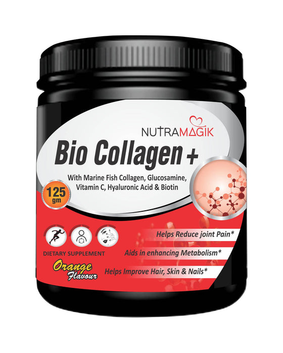 Nutramagik Bio Collagen Plus with Marine Collagen,Glucosamine, Hyaluronic Acid,Vitamin C & Biotin 125gm Orange Flavoured I Pack of 1