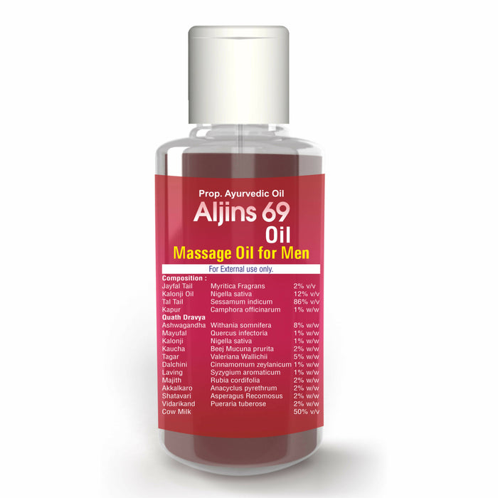 Aljins 69 Male Oil | Ayurvedic Men Massage Oil Ashwagandha, Mayufal, Kalonji Oil, Tagar, Jayfal Oil, Tal Oil (50 Ml) | Xovak Pharmtech