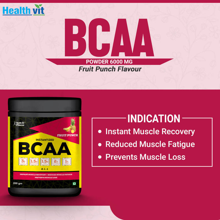 Healthvit Fitness BCAA 6000mg 2:1:1 with L-Glutamine & L-Citrulline Malate, 200g Fruit Punch Flavour - Local Option