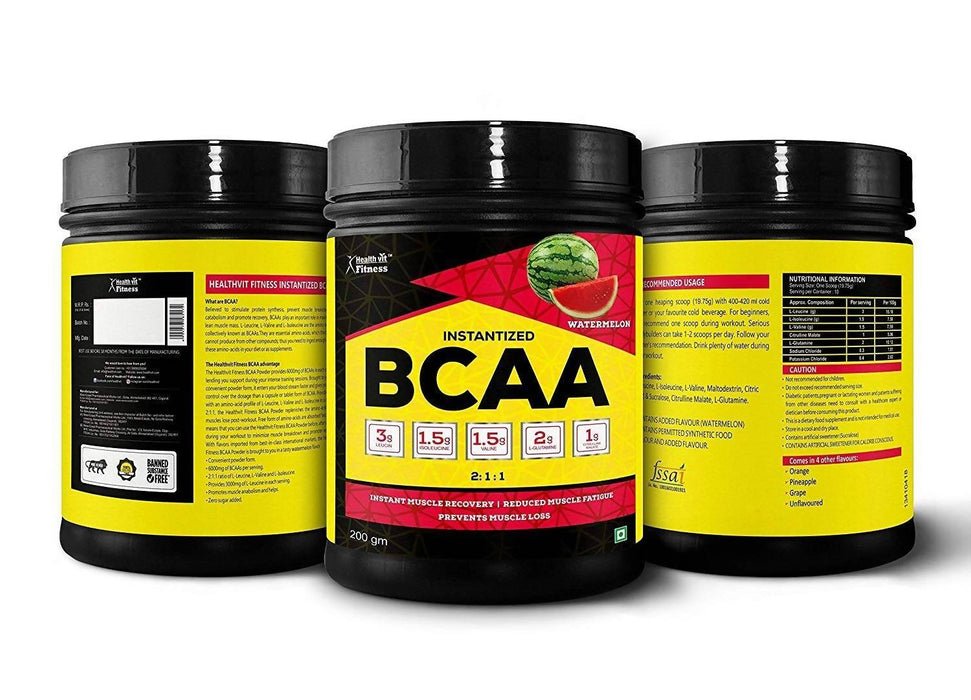 Healthvit Fitness BCAA 6000mg 2:1:1 with L-Glutamine and L-Citrulline Malate, 200g (10 Servings) Watermelon Flavour - Local Option