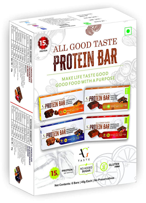 AG Taste 15G Protein Bar-Vegan & Glutenfree, Sugarfree Chocolate Cranberry Almond -270 g (6x45g), Pack of 6 bars - Local Option