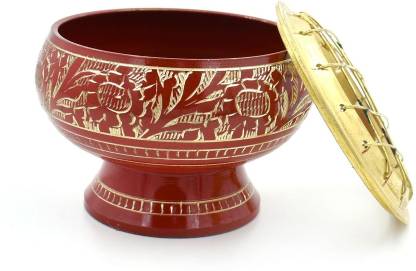 SATYAMANI Brass Red Bowl with Cover 3" for Sage Burning & Home Decoration Fine Quality (Red)