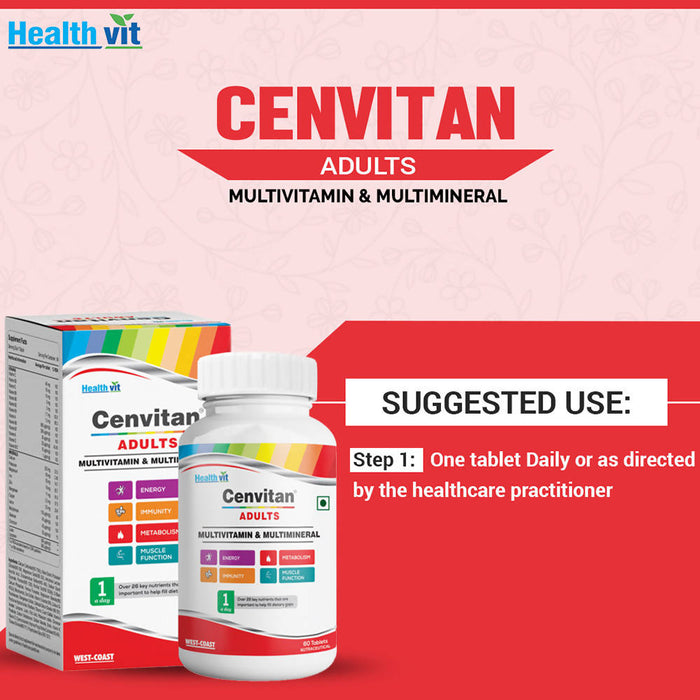 Healthvit Cenvitan Adults Multivitamin & Multimineral with 26 Nutrients (Vitamins and Minerals) | Energy, Metabolism, Immunity and Muscle Function - 60 Tablets - Local Option