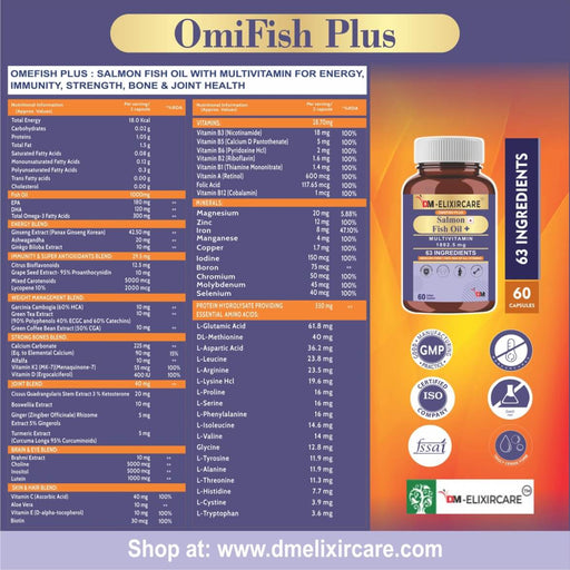 DM ElixirCare Multivitamin with Salmon Fish Oil 1000mg with Omega 3 - DOUBLE STRENGHT SALMON FISH OIL - 63 Ingredients, 11 Blends for Weight Management, Strength, Bone & Joint Health - 60 Sof