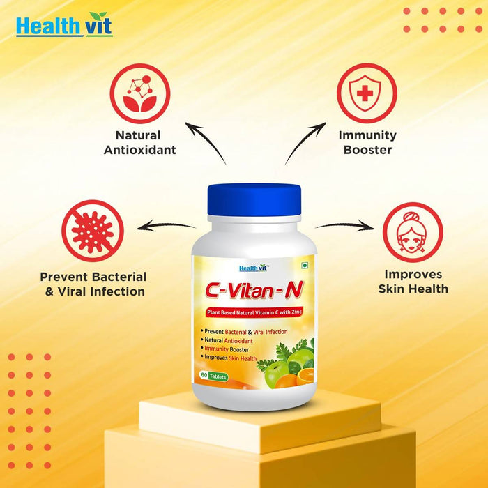 Healthvit C- Vitan-N Natural Vitamin C and Zinc Tablets 1000 mg, Immunity, Antioxidant, Skincare (60 Tablets), Vegan and Keto Friendly - Local Option