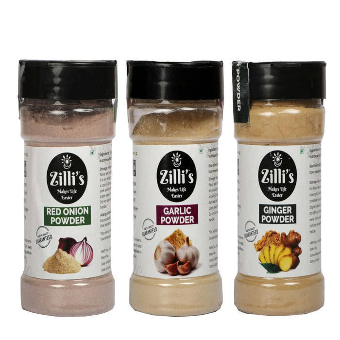 Zilli's Red Onion Powder (100g), Garlic Powder (100g) and Ginger Powder (100g)