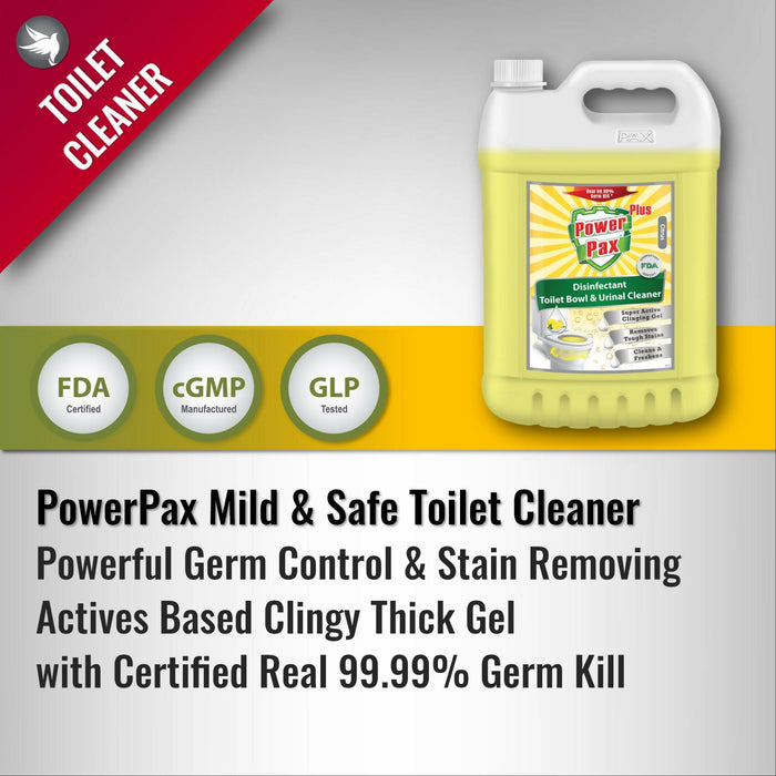 PowerPax Plus Mild & Safe Toilet Bowl & Urinal Cleaner with 99.99% Germ Kill Disinfectant Sanitizer Action (Citrus), 5L