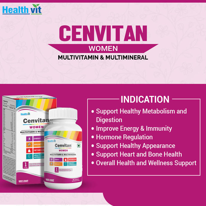 Healthvit Cenvitan Women Multivitamin & Multimineral with 24 Nutrients (Vitamins and Minerals) | Anti-Oxidants, Energy, Metabolism, Immunity, Beauty and Healthy Appearance - 60 Tablets - Loca