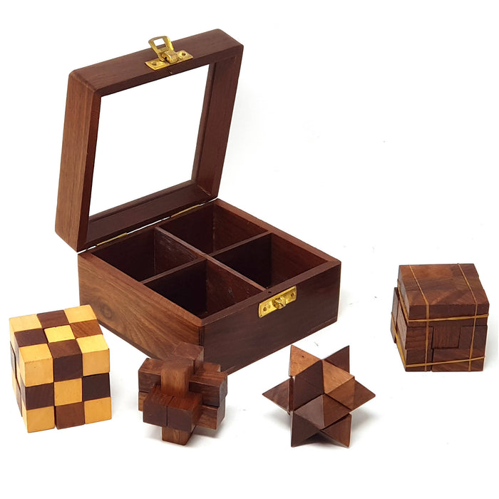 Desi Karigar® 4-In-One 3D Wooden Puzzle Games Set Brain Teaser