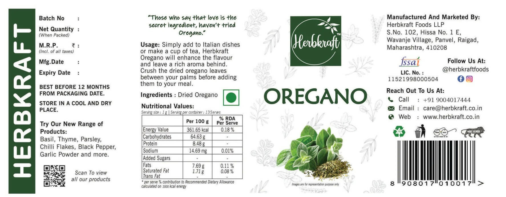 Herbkraft - Oregano 13 GM Pack of 1 | Fresh and Natural Herbs and Seasonings | Dry Leaves | Grocery - Masala - Spices | Vegetable Stir Fry - Pizza - Pasta | No Added Colour and Flavour