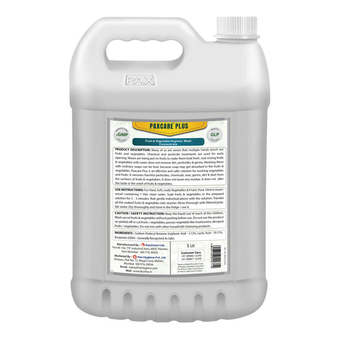 PaxCare Plus Natural and Safe Fruit & Vegetable Hygienic Wash Concentrate (Natural),5L