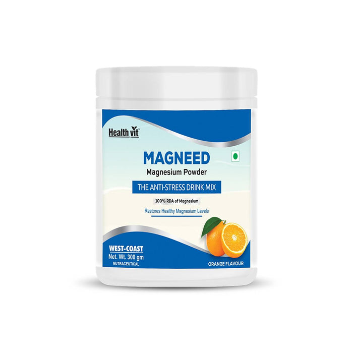 Healthvit Magneed Magnesium Powder the Anti-Stress Drink Mix 100% RDA of Magnesium Â– 300gm (Orange Flavour) - Local Option
