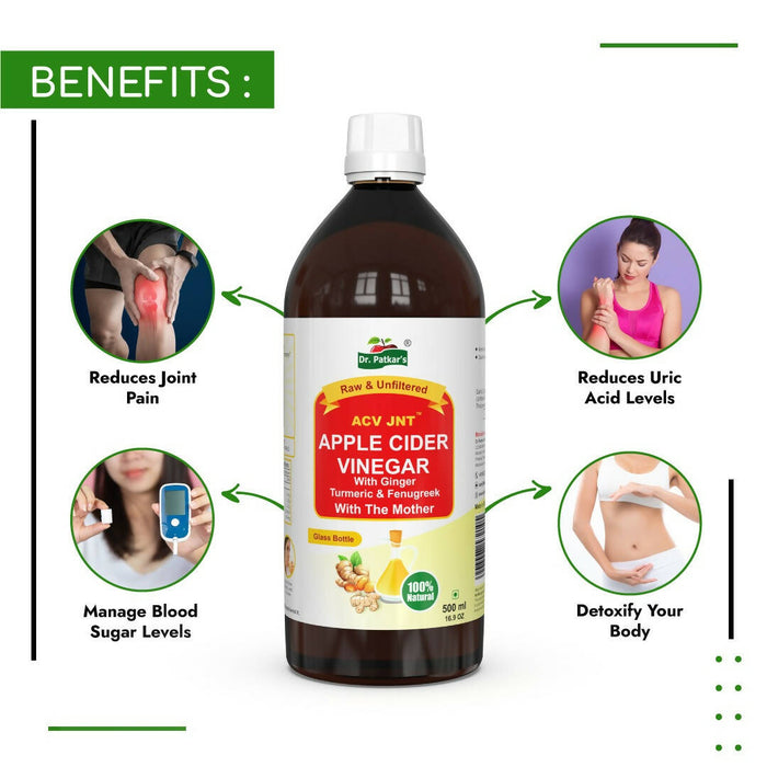 Dr. Patkar’s Apple Cider Vinegar with Ginger, Turmeric & Fenugreek | Unfiltered & Undiluted | Improved Immunity | Joint Pain Relief Supplement | Increase Blood Circulation (With Mother)