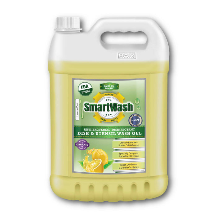 SmartWash Anti-Bacterial Disinfectant Dish & Utensil Wash Gel Cleaner Liquid (Lemon Zest), 5L