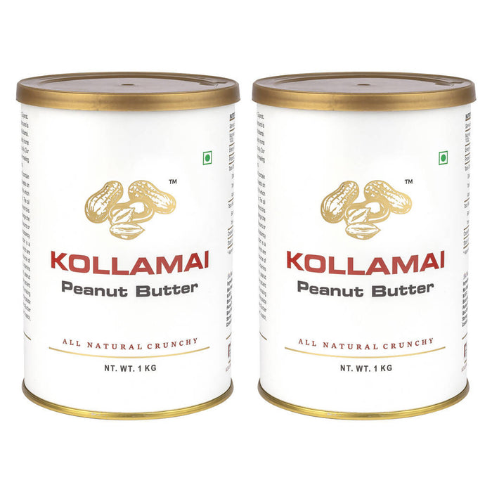 KOLLAMAI Peanut butter Unsweetened Crunchy Organic Natural Smooth Creamy made with Roasted Peanuts 1kg can (Pack of 2)