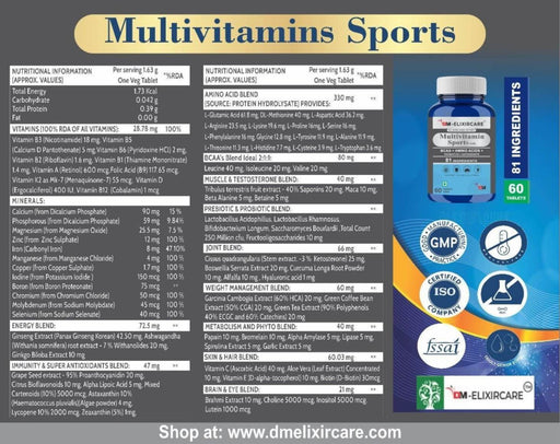 DM ElixirCare Sports Multivitamin for Men & Women- 81 Ingredients, 13 Vital Blends- Pack 3 (180 veg tablets) - Local Option