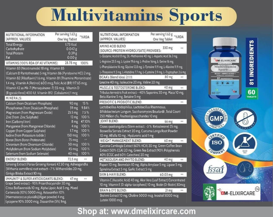 DM ElixirCare Sports Multivitamin for Men & Women- 81 Ingredients, 13 Vital Blends- Pack 1 (60 veg tablets) - Local Option