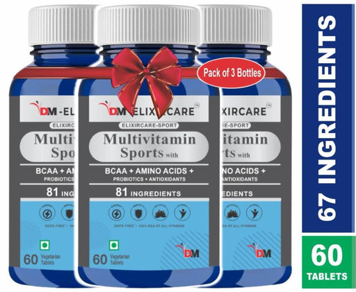 DM ElixirCare Sports Multivitamin for Men & Women- 81 Ingredients, 13 Vital Blends- Pack 3 (180 veg tablets) - Local Option