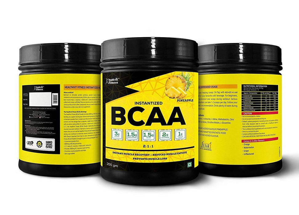 Healthvit Fitness BCAA 6000mg 2:1:1 with L-Glutamine and L-Citrulline Malate, 200g (10 Servings) Pineapple Flavour - Local Option