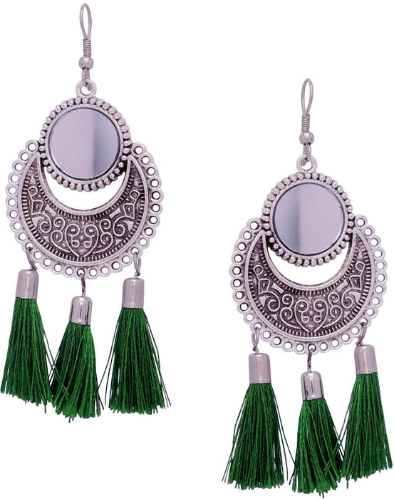 SATYAMANI Women's Oxidized Metallic Earring Set with Green Thread