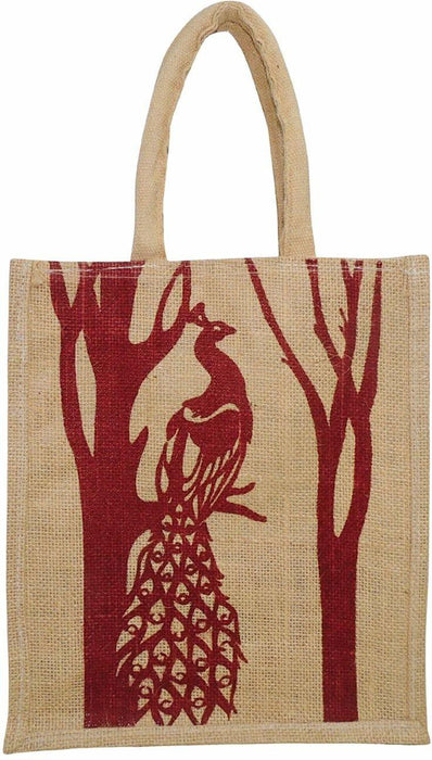 ALOKIK Eco Friendly (12x10x5 Inch), Multipurpose Reusable Fancy Red Peacock Carry Jute Bag for Daily Routine, (Pack of 1 Pc.)