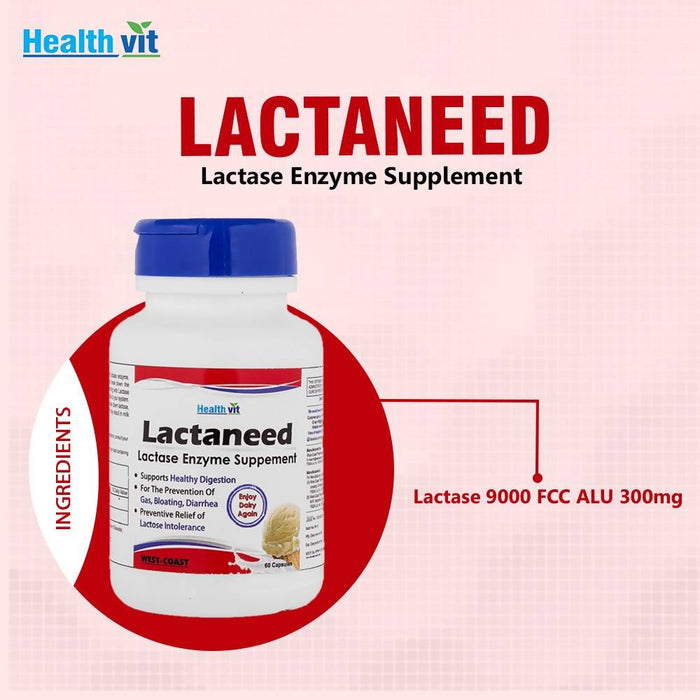 HealthVit Lactaneed Lactase Enzyme Supplement 300mg 60 Capsules For Lactose Intolerance - Local Option