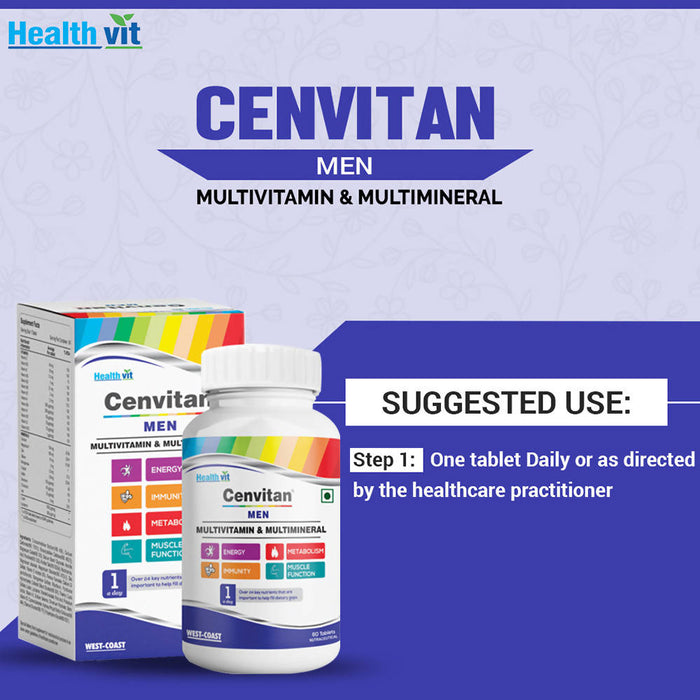Healthvit Cenvitan Men Multivitamin & Multimineral with 24 Nutrients (Vitamins and Minerals) | Anti-Oxidants, Energy, Metabolism, Immunity and Muscle Function - 60 Tablets