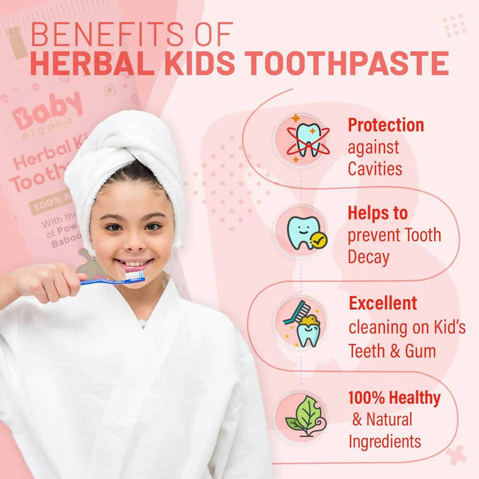 Babyorgano Herbal Kids Toothpaste0-4 Years Non Gel, 50gm, with the goodness of Babool and Mulethi, Strawberry Flavour, Fluoride Free, SLS Free, 100% Ayurvedic, FDCA Approved