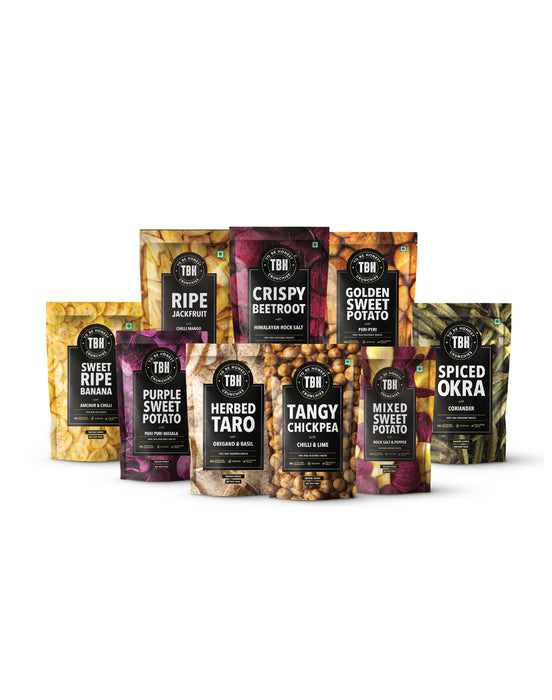 TBH – To Be Honest Fruit & Vegetable Vacuum Cooked Chips | Combo Pack of 9 Variants - Mix Sweet Potato, Sweet Ripe Banana, Chickpea, Beetroot, Ripe Jackfruit, Taro, Okra, Purple Sweet Potato and Golden Sweet Potato Crunchies|Tasty Chips with High Dietary