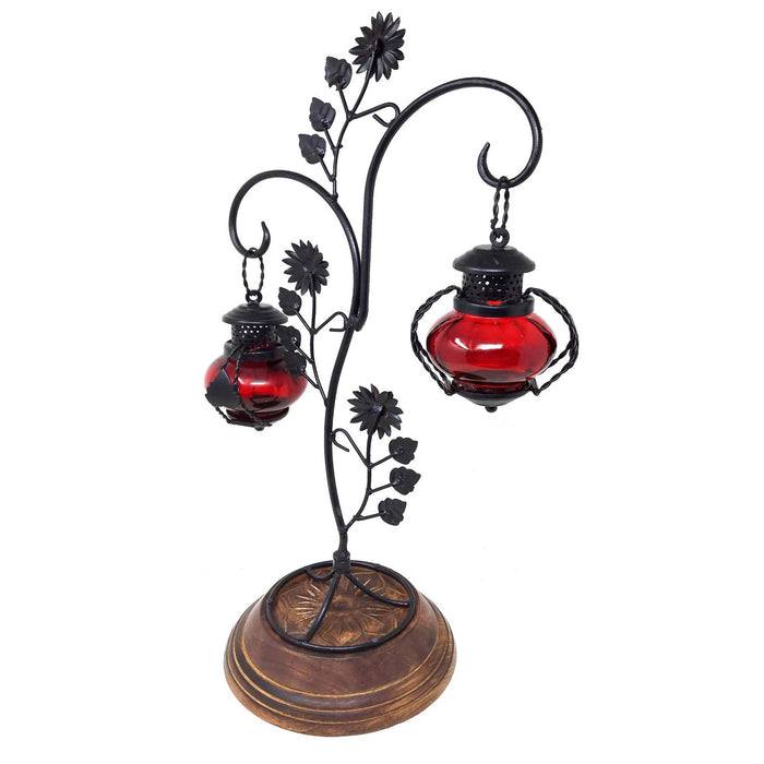 Desi Karigar® Attractive Glass With Metal Red Colored Leaf Design Candle Stand