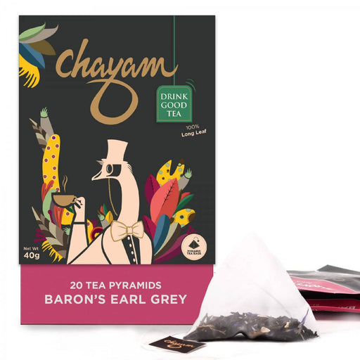 CHAYAM Baron's Earl Grey Black Tea with Citrusy Orange Peel & Blue Corn Flower - 100% Natural (20 Pyramid Tea Bags) - Local Option