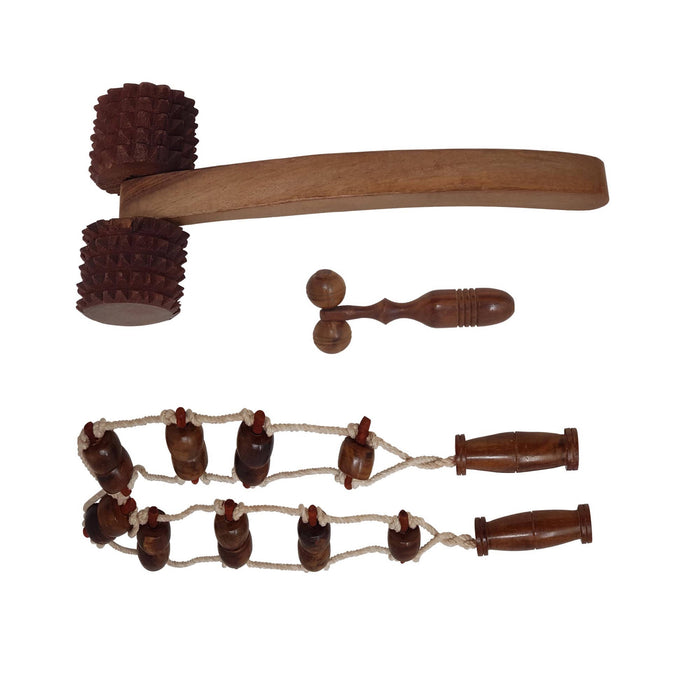 Desi Karigar® 3 Pcs Wooden Acupressure Massager Set (Back Massager, Face Massager & 2 Cutter Roller Massager)