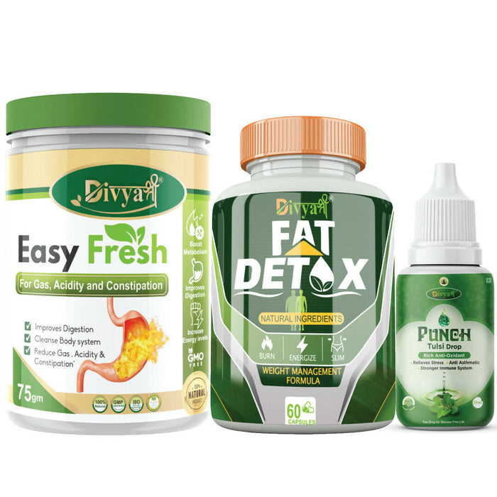 Divya Shree Fat Detox Capsule + Easy Fresh Powder & Punch Tulsi Drop Immunity Booster Combo to Reduce Acidity & Gas by Jeevan Care Ayurveda