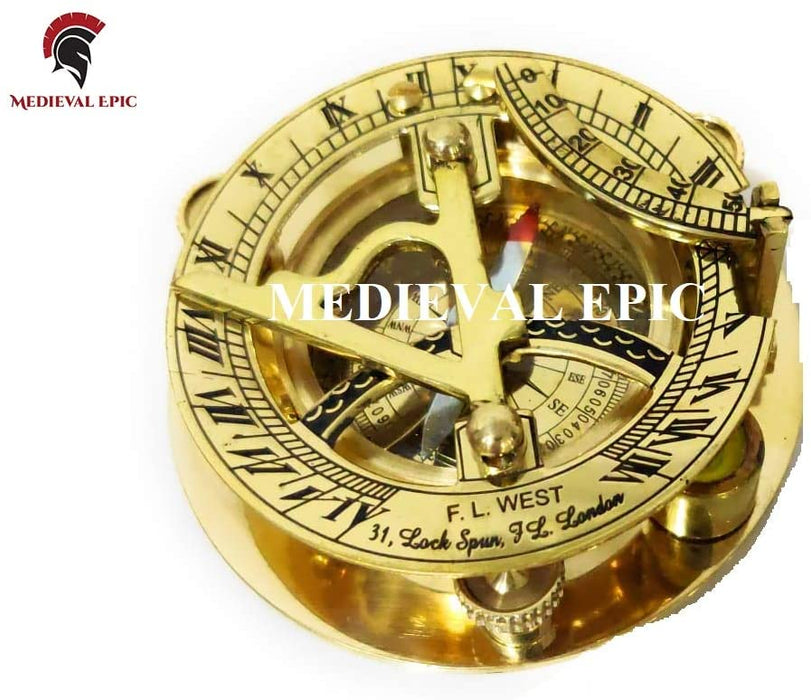 Brass Compass Fascinating Sundial Clock with Inset Compass & Engraved Vane. 3 Inches