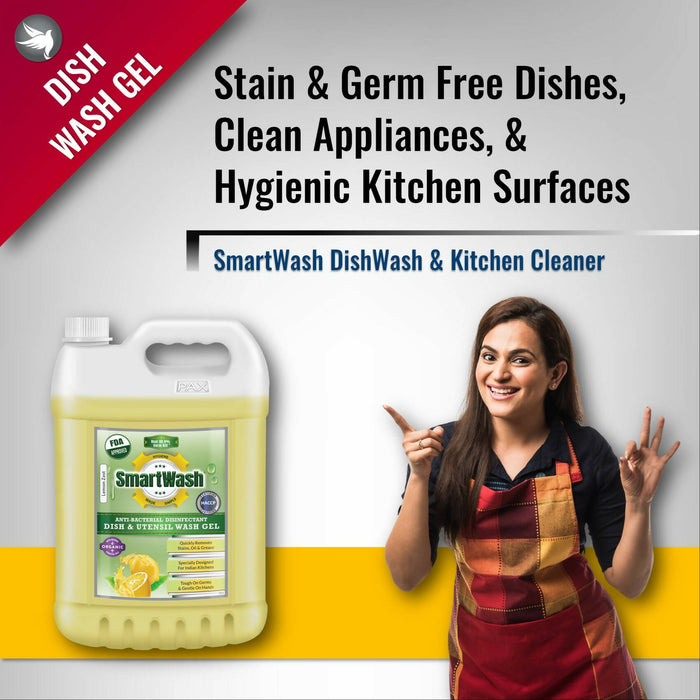 SmartWash Anti-Bacterial Disinfectant Dish & Utensil Wash Gel Cleaner Liquid (Lemon Zest), 5L