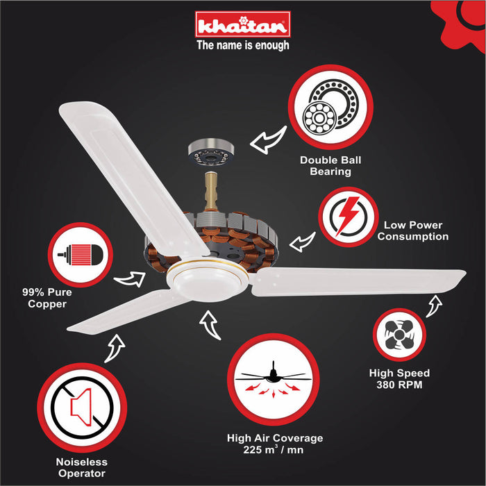 Khaitan FREEDOM 1200 mm, 3 Blades Ceiling Fan, 380 RPM (Pearl White)