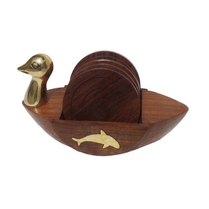 Desi Karigar® Brown & Golden Wooden Duck Shape Coaster Set Of 6