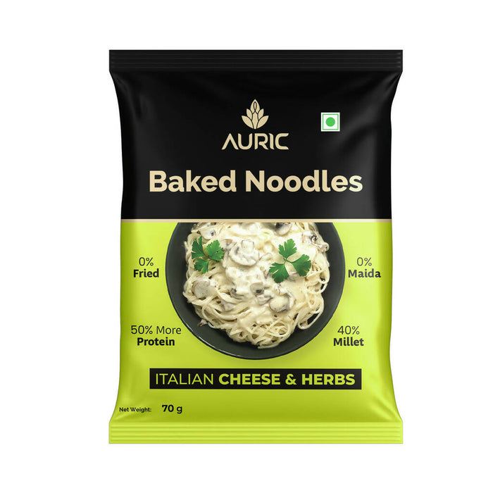 Auric Baked Noodles (70gms x 12 packs) - Zero oil, No Maida, Italian Cheese & Herbs