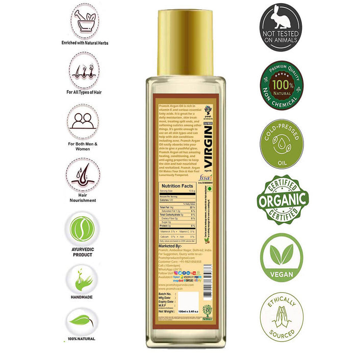 Pramsh Cold Pressed Organic Virgin Argan Oil For Hair, Skin & Face Care Hair Oil (100ml+50ml) Pack Of (150ml) - Local Option
