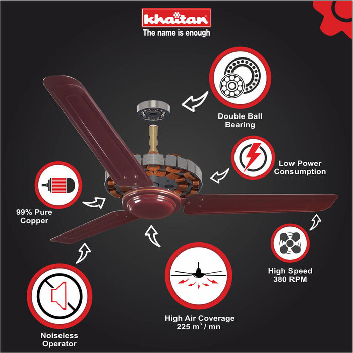 Khaitan FREEDOM 1200 mm, 3 Blades Ceiling Fan, 380 RPM (Brown)